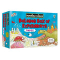 Blue science kit box with cartoon illustrations of a green dinosaur, red bug, and test tubes. Includes a lab coat.