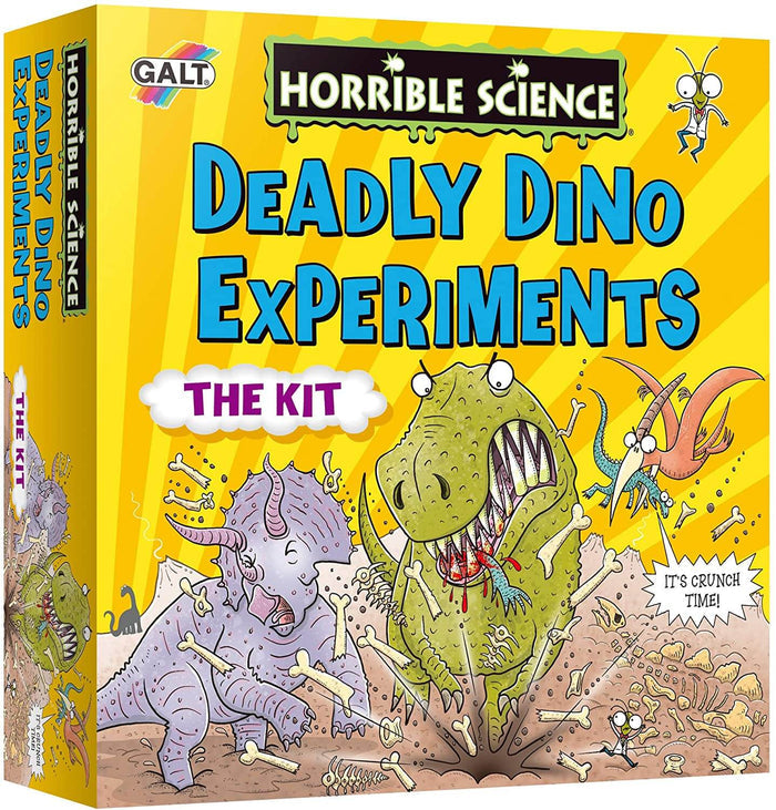 Bright yellow science kit box featuring cartoon illustrations of dinosaurs, bones, and a small scientist character.