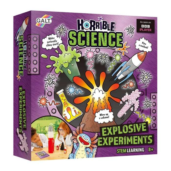 Purple science kit box with cartoon volcano, rocket, and green slime, plus a photo of children experimenting.