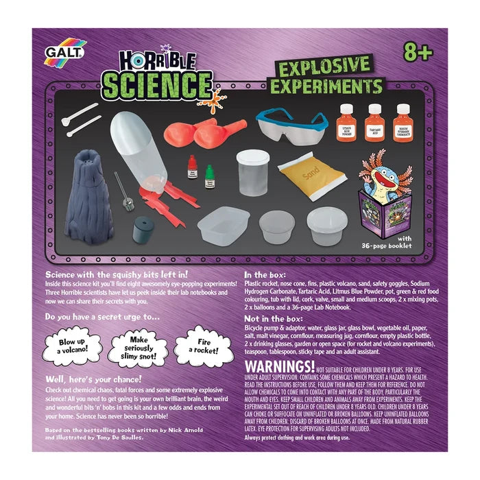 Back of purple box showing illustrated kit contents: grey volcano, rocket parts, blue goggles, and chemical bottles.