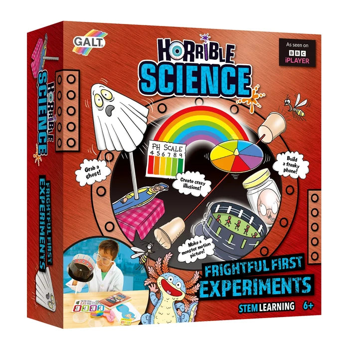 Red box featuring a porthole of cartoon science illustrations, a blue monster, and a child scientist in a lab coat.