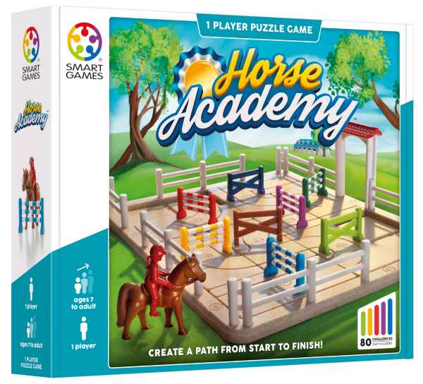 Horse Academy box showing a brown horse and red rider figure with colorful hurdles on a square gridded game board.