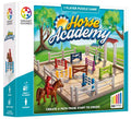 Horse Academy box showing a brown horse and red rider figure with colorful hurdles on a square gridded game board.