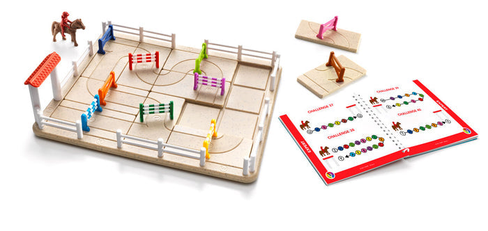 Horse jumping logic game with colorful hurdles, a rider figurine, and challenge book on a modular tan board.