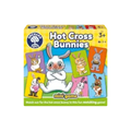 Yellow box for Hot Cross Bunnies game showing a grumpy white rabbit surrounded by colorful cards of happy bunnies.