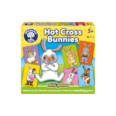 Yellow box for Hot Cross Bunnies game showing a grumpy white rabbit surrounded by colorful cards of happy bunnies.