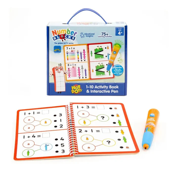 Blue Numberblocks box, open spiral activity book showing math puzzles, and an orange interactive pen.