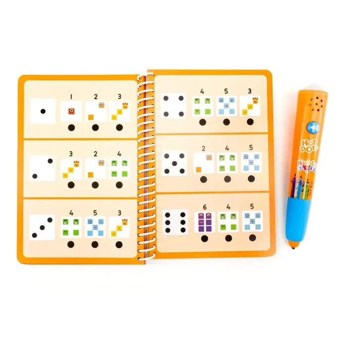 Open spiral-bound Numberblocks activity book with math games and a chunky orange and blue interactive pen.