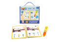 Numberblocks Hot Dots kit with blue box, open spiral-bound math book, and yellow electronic pen on white background.