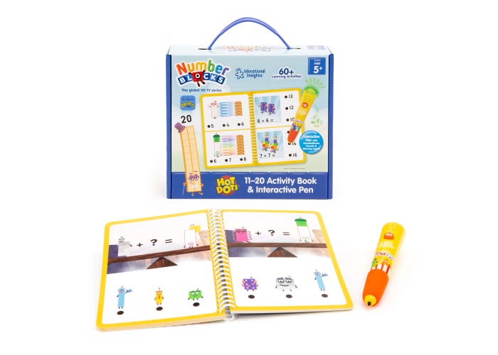 Numberblocks Hot Dots kit with blue box, open spiral-bound math book, and yellow electronic pen on white background.