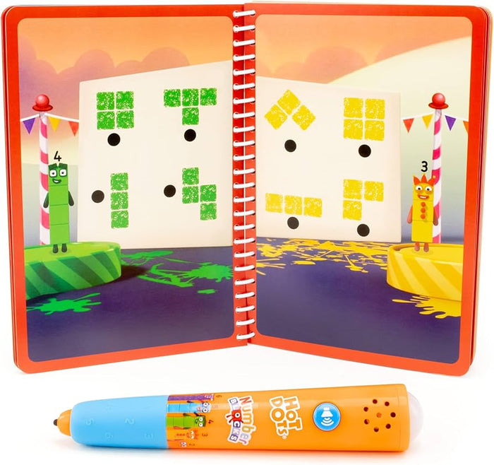 Open spiral activity book with colorful block puzzles and an interactive orange and blue pen.