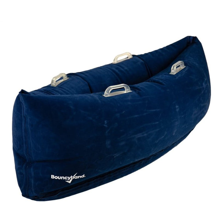 Navy blue inflatable canoe-shaped sensory seat with four clear handles and a soft flocked texture.
