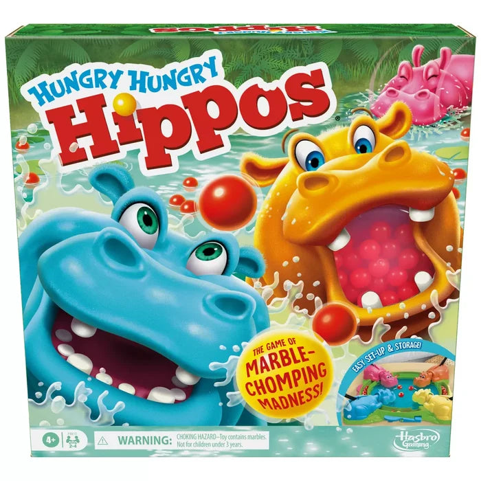 Colorful box with blue, orange, and pink hippos opening wide to eat red marbles in a splashing jungle pond.