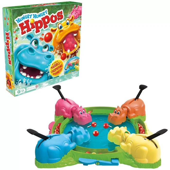 Box and circular game board with pink, blue, orange, and yellow hippos around a pond with red marbles.