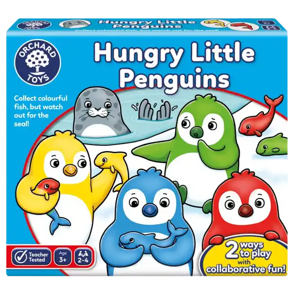 Blue box showing colorful red, yellow, blue, and green penguins and a grey seal. Features Orchard Toys logo and age 3+.