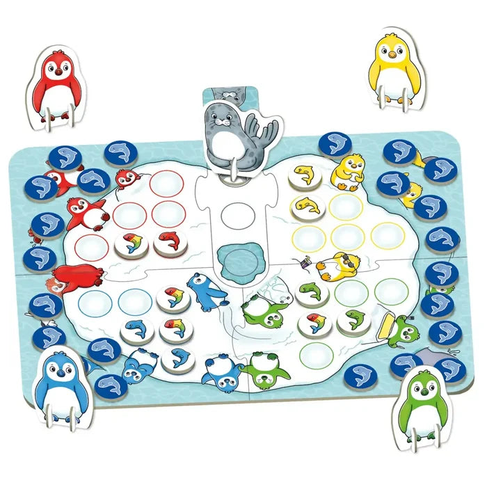 Children's board game with colorful penguin standees, a seal, and fish tokens on an illustrated iceberg board.