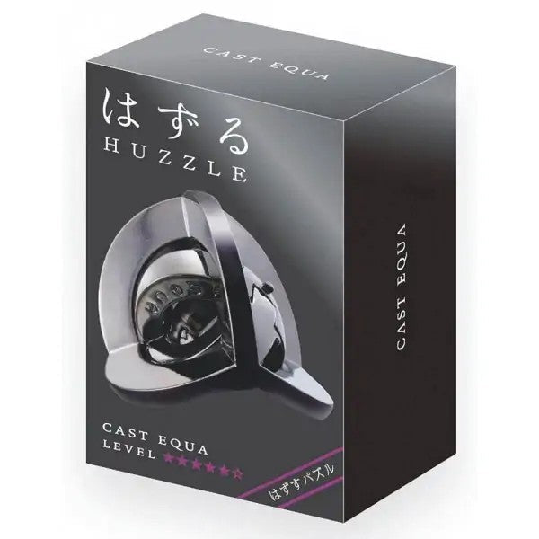Black box for Huzzle Cast Equa featuring a shiny chrome interlocking metal puzzle and 5 pink difficulty stars.