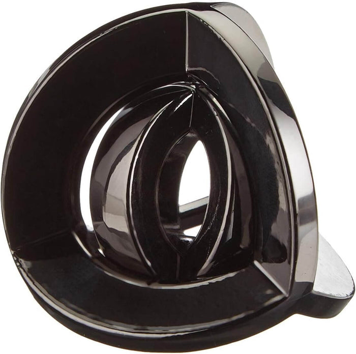 Shiny black metallic puzzle with nested, intersecting curved rings inside a circular frame.