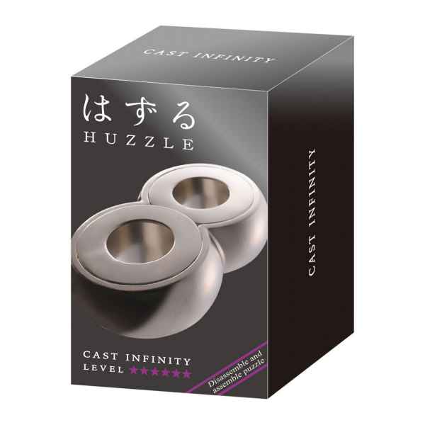 Black Huzzle box featuring a silver metallic figure-eight puzzle and purple level six difficulty rating banner.