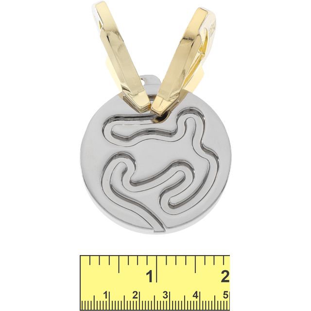 Silver circular puzzle with winding maze grooves and two interlocking gold pieces, shown with a scale ruler.