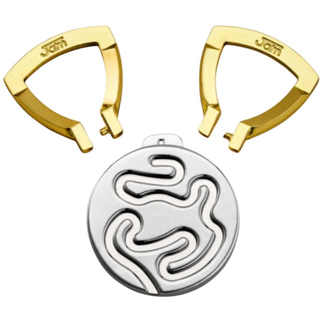 Circular silver metal disc with maze-like grooves below two gold angular brackets engraved with the word Jam.