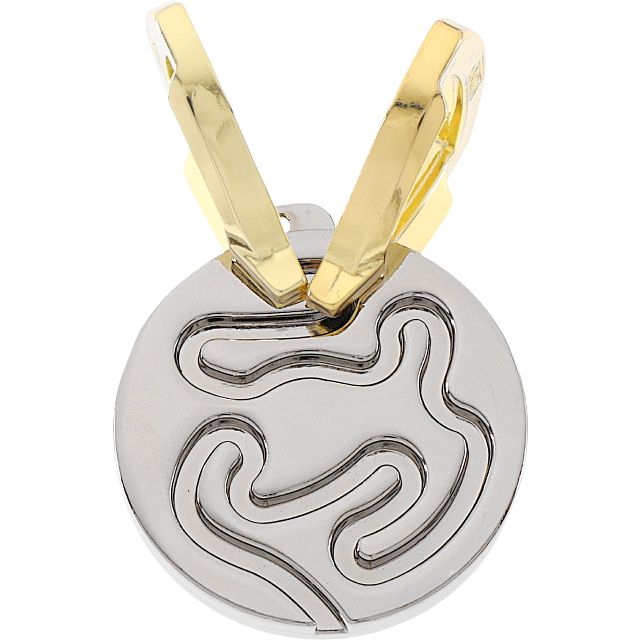 Circular silver-toned metal logic puzzle with recessed maze paths and two gold-colored sliders.