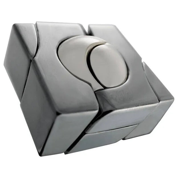 Polished grey metal puzzle with a central sphere made of two interlocking pieces inside a cubic frame.