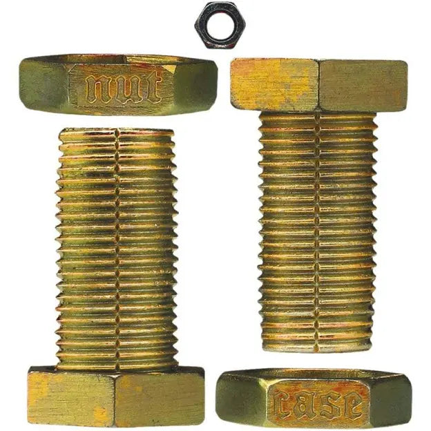 Two brass-colored metal bolts and hexagonal nuts embossed with nut and case, and a small dark nut at the top.