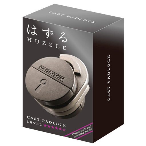 Black box for a round, metallic gray padlock puzzle with a 5-star difficulty rating and Huzzle branding.