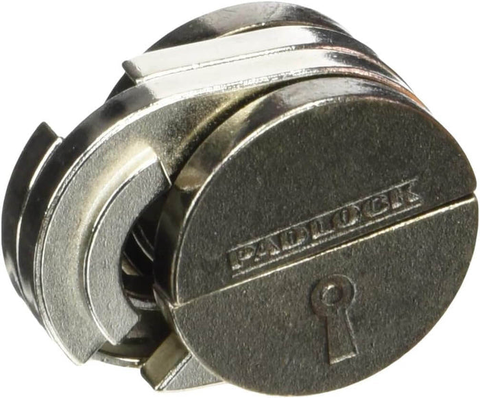 Interlocking circular metal puzzle with a bronze face engraved with PADLOCK and a keyhole icon, and silver layers.