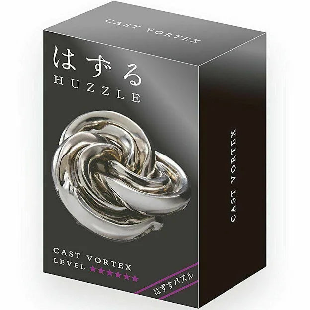 Black box displaying a shiny silver metallic interlocking spiral puzzle with six stars indicating difficulty.