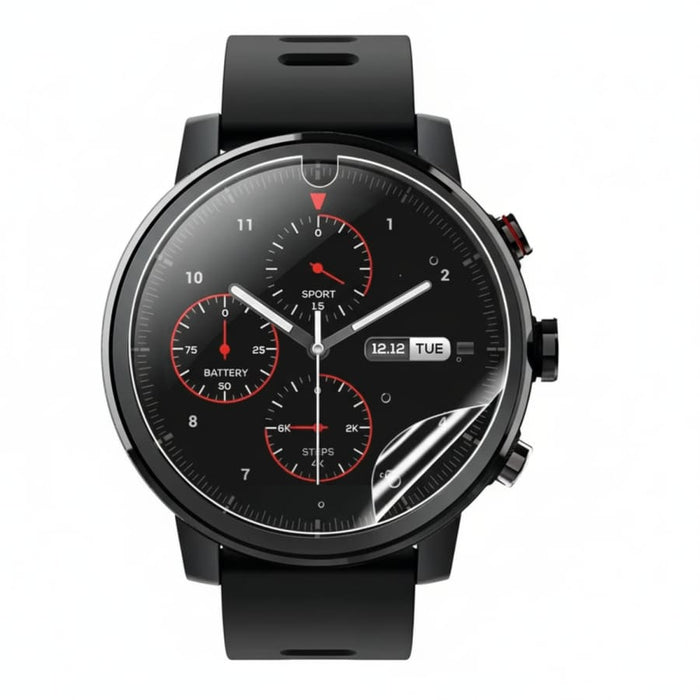 Hydrogel screen protector for Amazfit Stratos+ smartwatch, pack of 6, showing clear, flexible film applied to watch screen.
