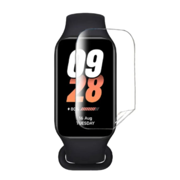 Hydrogel screen protector for Xiaomi Smart Band 8 Active and Redmi Smart Band 2, pack of 6, watch case showing protective film on band screen