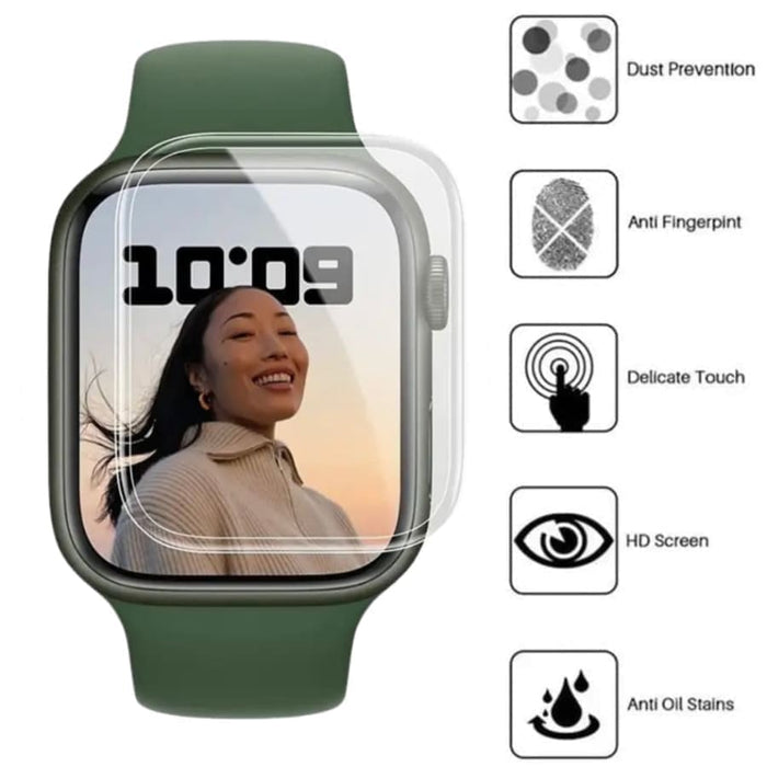 Hydrogel screen protector for Apple Watch Series 7 45mm, installed on the watch, in a pack of six, from That Watch Shop.