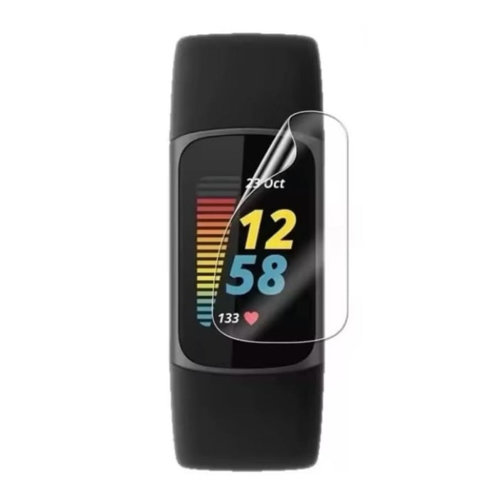 Two black hydrogel screen protectors for Fitbit Charge 5 fitness tracker, designed to safeguard the watch display.