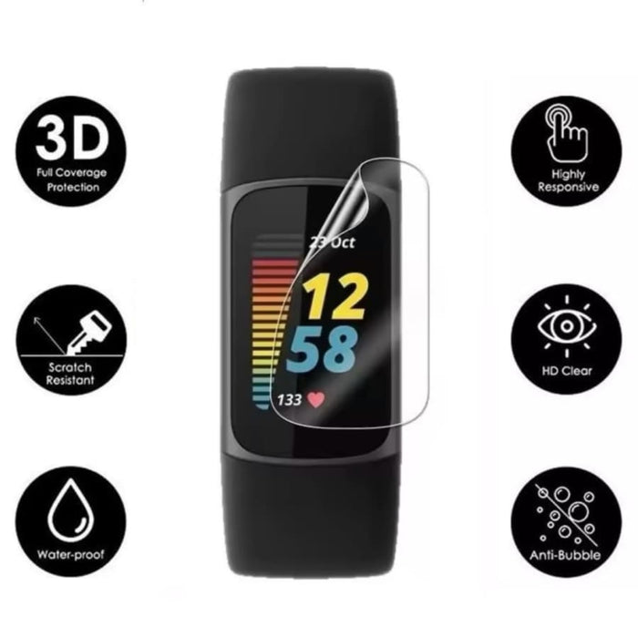 Two black hydrogel screen protectors for Fitbit Charge 5 watch, designed to shield the fitness tracker screen from scratches and damage.