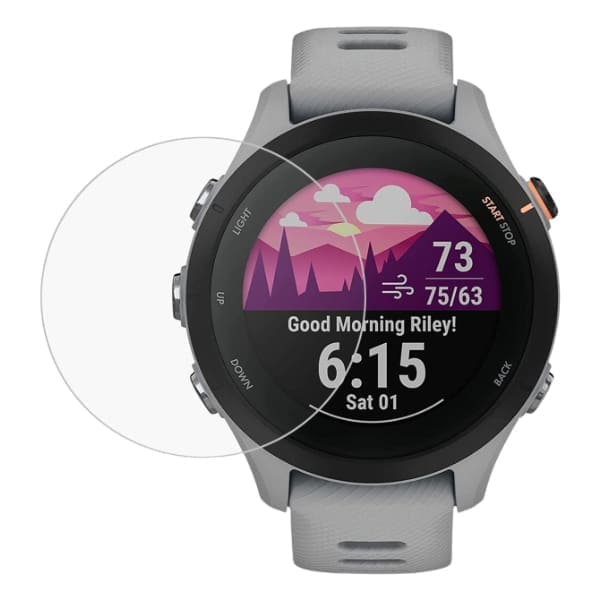 Hydrogel screen protectors for Garmin Forerunner 255, pack of 6, showing clear, gray protectors fitting over the watch screen.