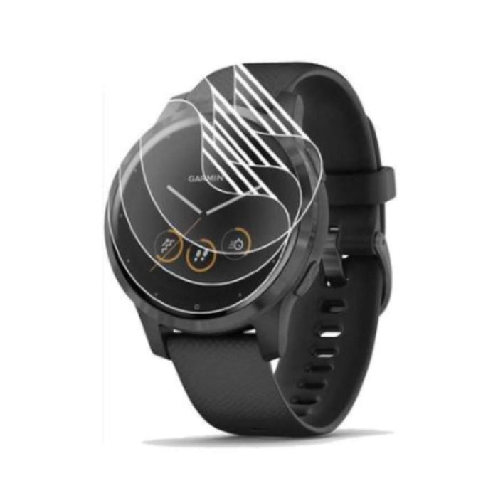 Hydrogel screen protectors for Garmin Vivoactive 4S smartwatch, showing clear, flexible protective film on watch screen.