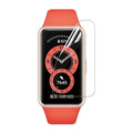 Hydrogel screen protectors for Huawei Band 6, pack of 6, showing clear, flexible covers fitting the smartwatch screen.
