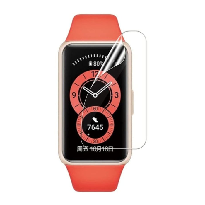 Hydrogel screen protectors for Huawei Band 6, pack of 6, showing clear, flexible covers fitting the smartwatch screen.