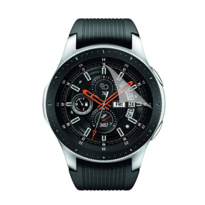 Hydrogel screen protectors for Samsung Galaxy Watch 46mm from That Watch Shop, pack of 4, showing the transparent protectors on the watch face.