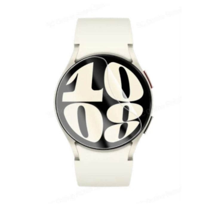 Hydrogel screen protectors for Samsung Galaxy Watch 6 44mm, pack of 6, showing clear, flexible protectors on smartwatch screens.