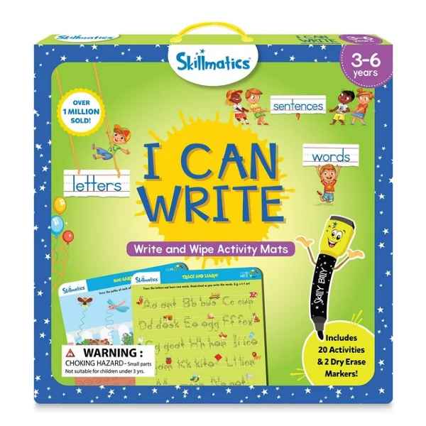 Skillmatics I Can Write activity kit box with cartoon children, sample dry-erase mats, and a yellow sun graphic.