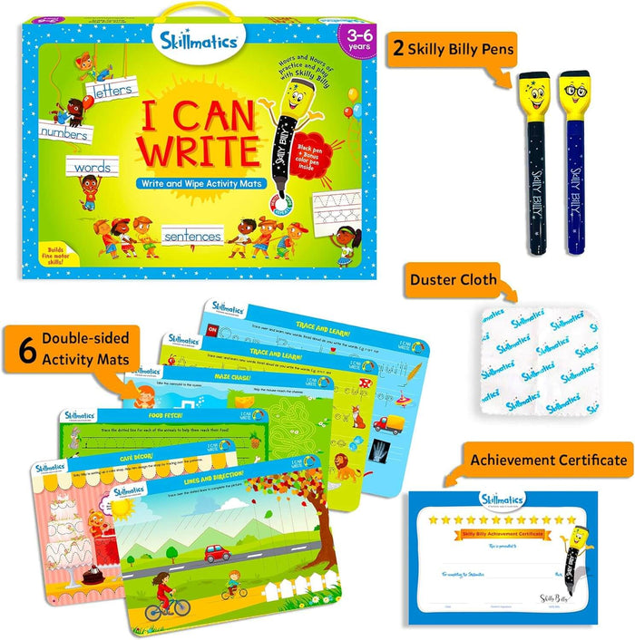 Writing kit featuring six colorful activity mats, two black dry-erase pens, a white duster cloth, and a certificate.