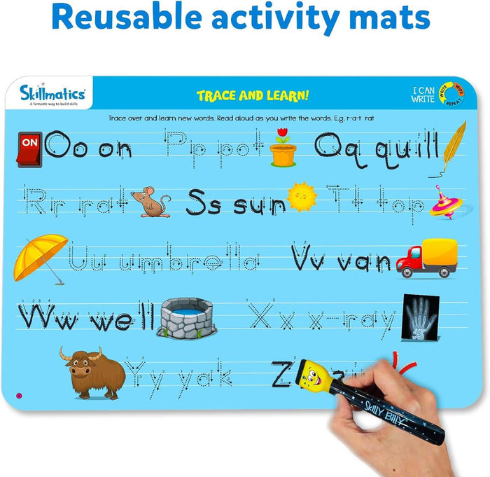 Blue alphabet tracing mat with letters O to Z and drawings; a hand uses a marker to trace the letter Z.