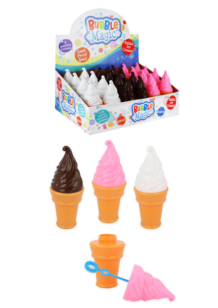 Display of pink, white, and brown swirly ice cream cone bottles, showing a blue bubble wand attached to a pink lid.
