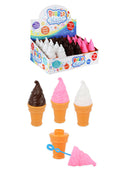 Display of pink, white, and brown swirly ice cream cone bottles, showing a blue bubble wand attached to a pink lid.