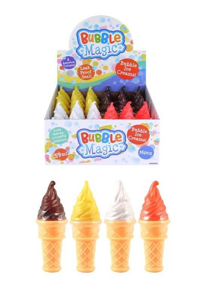 Display box and four ice cream cone bubble wands in brown, yellow, white, and red with waffle-patterned bases.