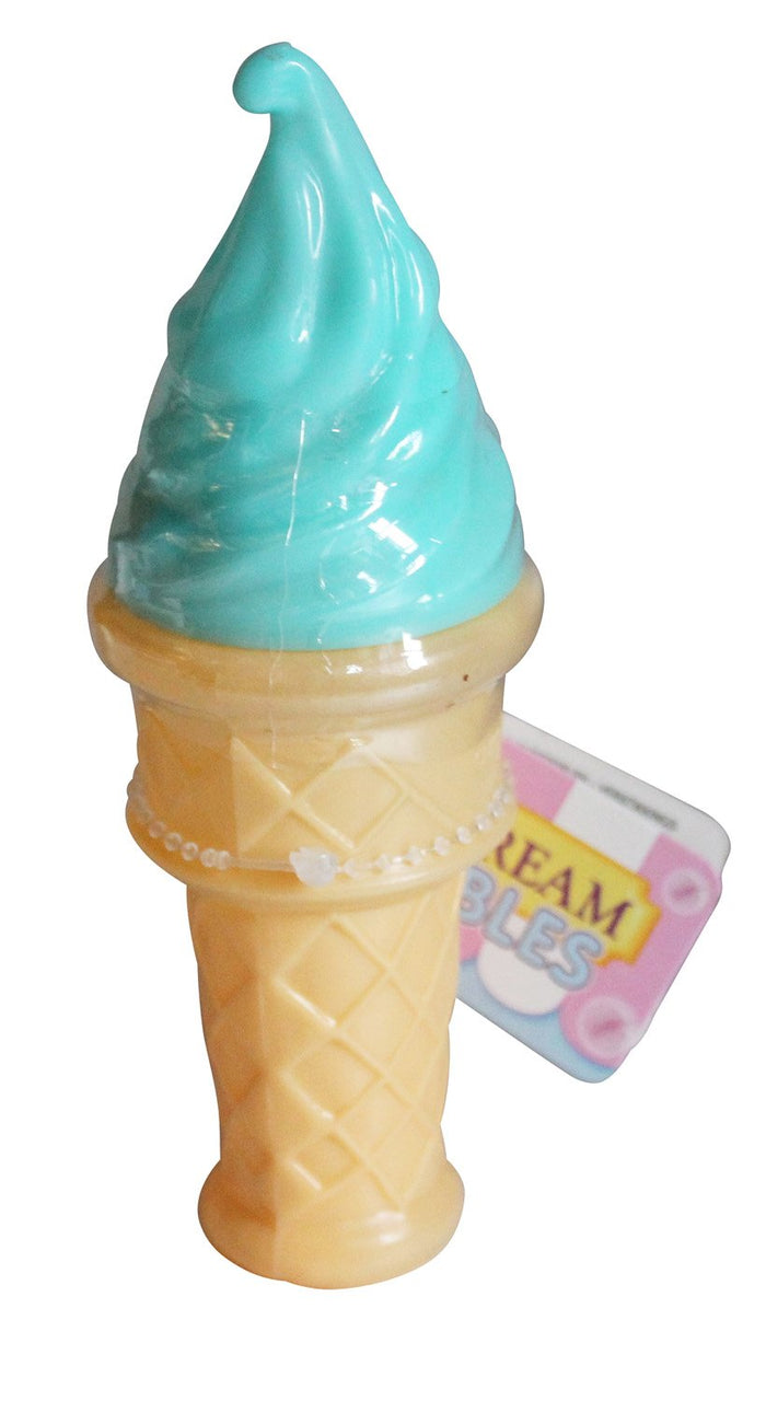 Teal soft-serve swirl on a tan waffle-textured cone plastic bubble wand bottle with a product tag.
