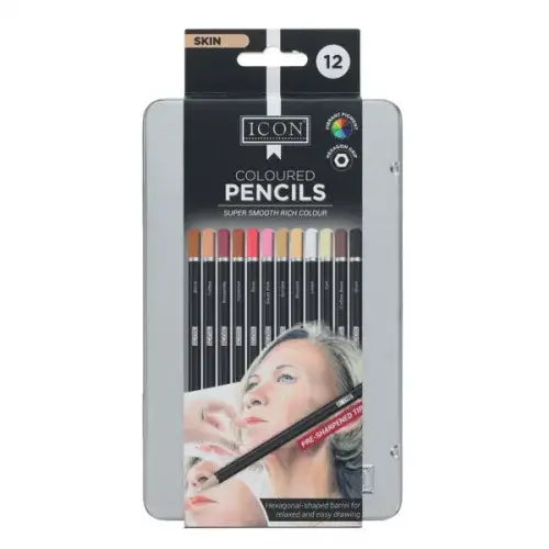 Silver tin box of 12 ICON skin-toned pencils with black hexagonal barrels and a range of flesh-colored tips.